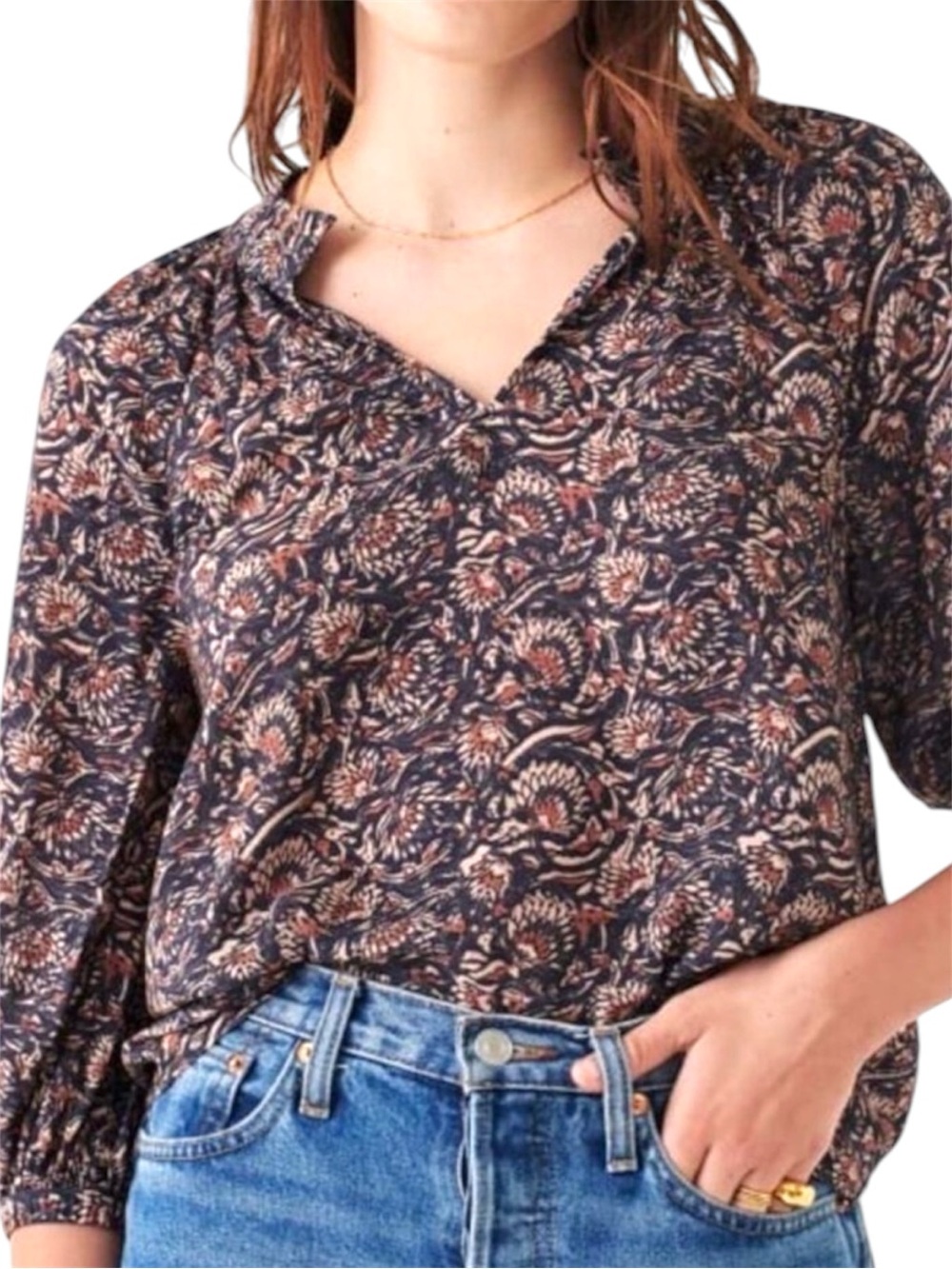 Faherty Portia Blouse Small Boho Floral Print V-Neck Artisan Block Print Top - Picture 5 of 10